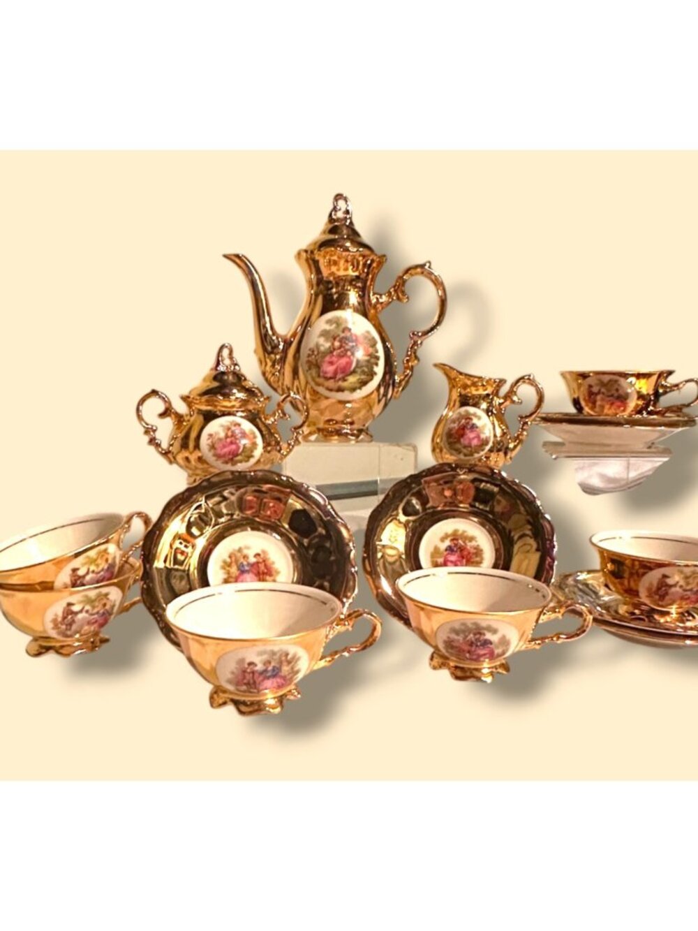 Vintage Bavaria Gold Porcelain Tea Set With Romantic Scenes 15-Piece Includes Te